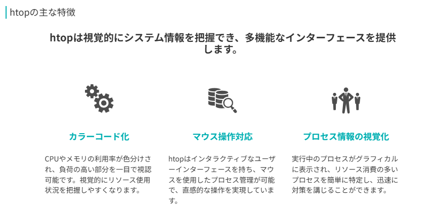 htopの主な特徴
htopは視覚的にシステム情報を把握でき、多機能なインターフェースを提供します。
カラーコード化
CPUやメモリの利用率が色分けされ、負荷の高い部分を一目で視認可能です。視覚的にリソース使用状況を把握しやすくなります。
マウス操作対応
htopはインタラクティブなユーザーインターフェースを持ち、マウスを使用したプロセス管理が可能で、直感的な操作を実現しています。
プロセス情報の視覚化
実行中のプロセスがグラフィカルに表示され、リソース消費の多いプロセスを簡単に特定し、迅速に対策を講じることができます。
