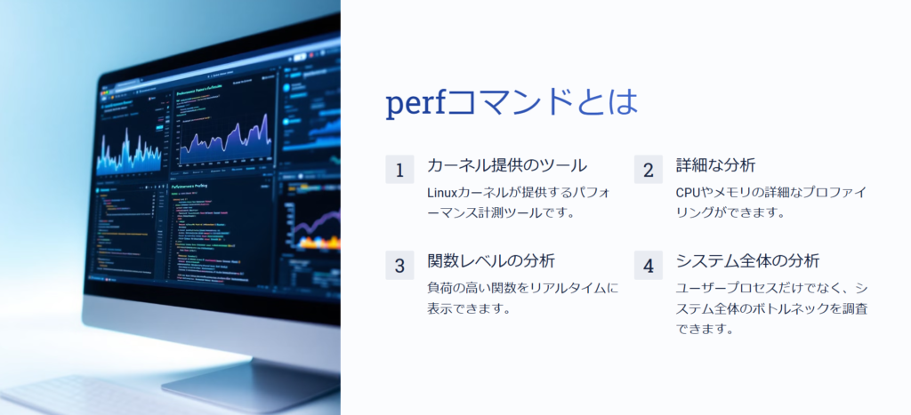 perfコマンドとは
カーネル提供のツール
Linuxカーネルが提供するパフォーマンス計測ツールです。
詳細な分析
CPUやメモリの詳細なプロファイリングができます。
関数レベルの分析
負荷の高い関数をリアルタイムに表示できます。
システム全体の分析
ユーザープロセスだけでなく、システム全体のボトルネックを調査できます。