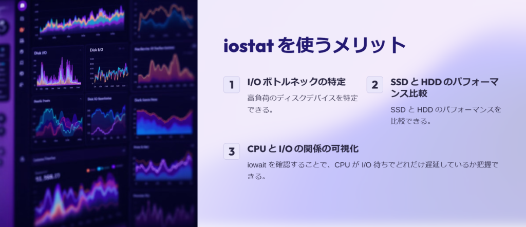 iostat を使うメリット
I/O ボトルネックの特定
高負荷のディスクデバイスを特定できる。
SSD と HDD のパフォーマンス比較
SSD と HDD のパフォーマンスを比較できる。
CPU と I/O の関係の可視化
iowait を確認することで、CPU が I/O 待ちでどれだけ遅延しているか把握できる。