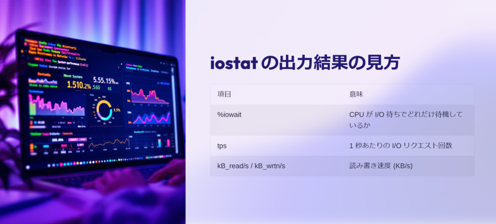 iostat の出力結果の見方
項目
意味
%iowait
CPU が I/O 待ちでどれだけ待機しているか
tps
1 秒あたりの I/O リクエスト回数
kB_read/s / kB_wrtn/s
読み書き速度 (KB/s)