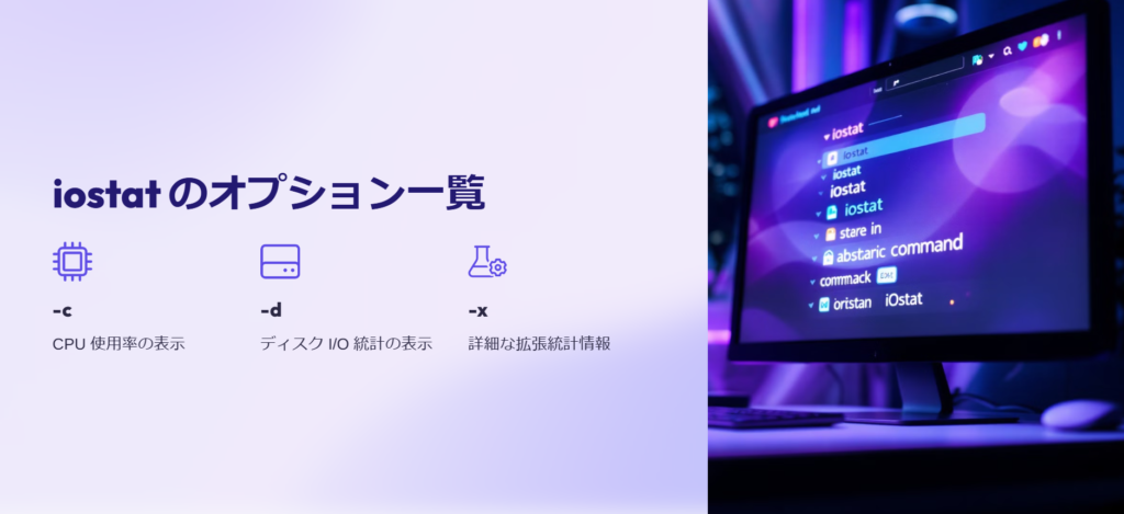 iostat のオプション一覧
-c
CPU 使用率の表示
-d
ディスク I/O 統計の表示
-x
詳細な拡張統計情報