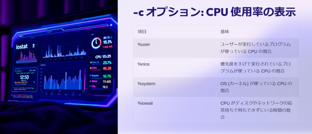 -c オプション: CPU 使用率の表示
項目
意味
%user
ユーザーが実行しているプログラムが使っている CPU の割合
%nice
優先度を下げて実行されているプログラムが使っている CPU の割合
%system
OS (カーネル) が使っている CPU の割合
%iowait
CPU がディスクやネットワークの応答待ちで何もできずにいる時間の割合