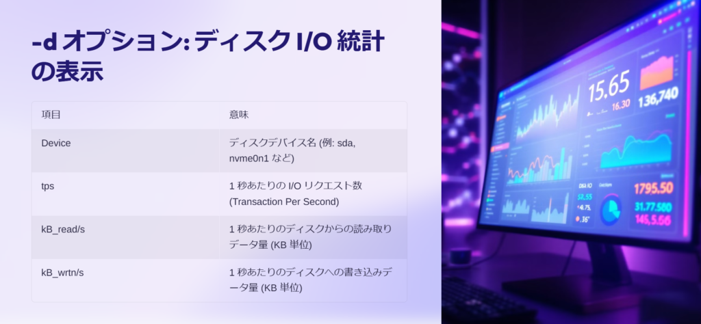 -d オプション: ディスク I/O 統計の表示
項目
意味
Device
ディスクデバイス名 (例: sda, nvme0n1 など)
tps
1 秒あたりの I/O リクエスト数 (Transaction Per Second)
kB_read/s
1 秒あたりのディスクからの読み取りデータ量 (KB 単位)
kB_wrtn/s
1 秒あたりのディスクへの書き込みデータ量 (KB 単位)