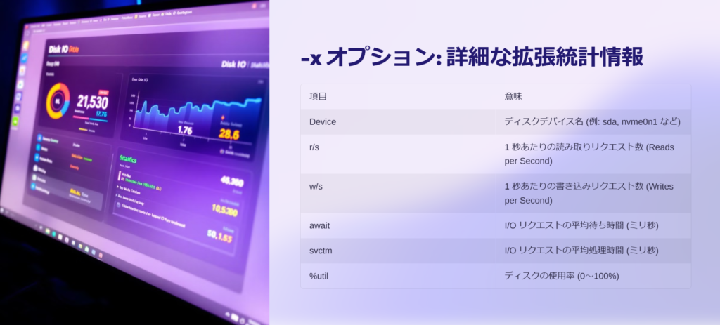 -x オプション: 詳細な拡張統計情報
項目
意味
Device
ディスクデバイス名 (例: sda, nvme0n1 など)
r/s
1 秒あたりの読み取りリクエスト数 (Reads per Second)
w/s
1 秒あたりの書き込みリクエスト数 (Writes per Second)
await
I/O リクエストの平均待ち時間 (ミリ秒)
svctm
I/O リクエストの平均処理時間 (ミリ秒)
%util
ディスクの使用率 (0~100%)