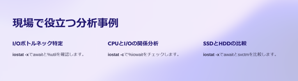 現場で役立つ分析事例
I/Oボトルネック特定
iostat -xでawaitと%utilを確認します。
CPUとI/Oの関係分析
iostat -cで%iowaitをチェックします。
SSDとHDDの比較
iostat -xでawaitとsvctmを比較します。