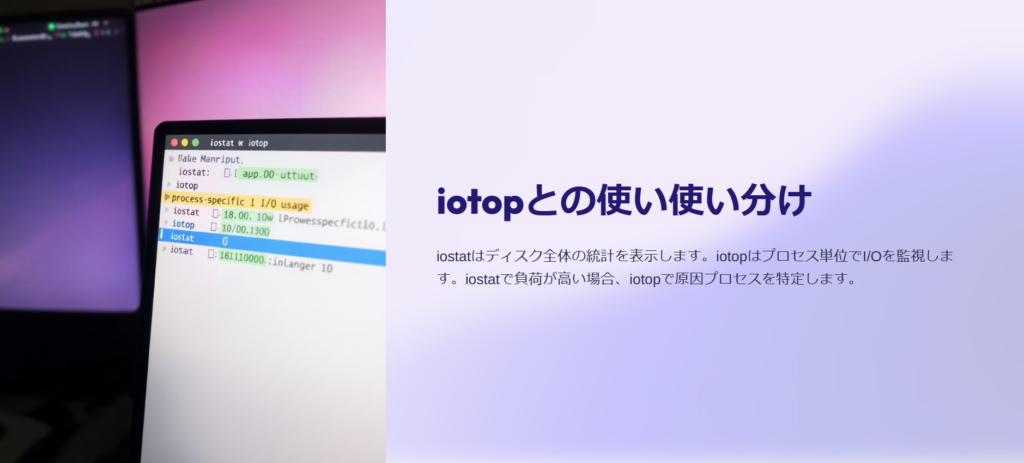 iotopとの使い使い分け
iostatはディスク全体の統計を表示します。iotopはプロセス単位でI/Oを監視します。iostatで負荷が高い場合、iotopで原因プロセスを特定します。