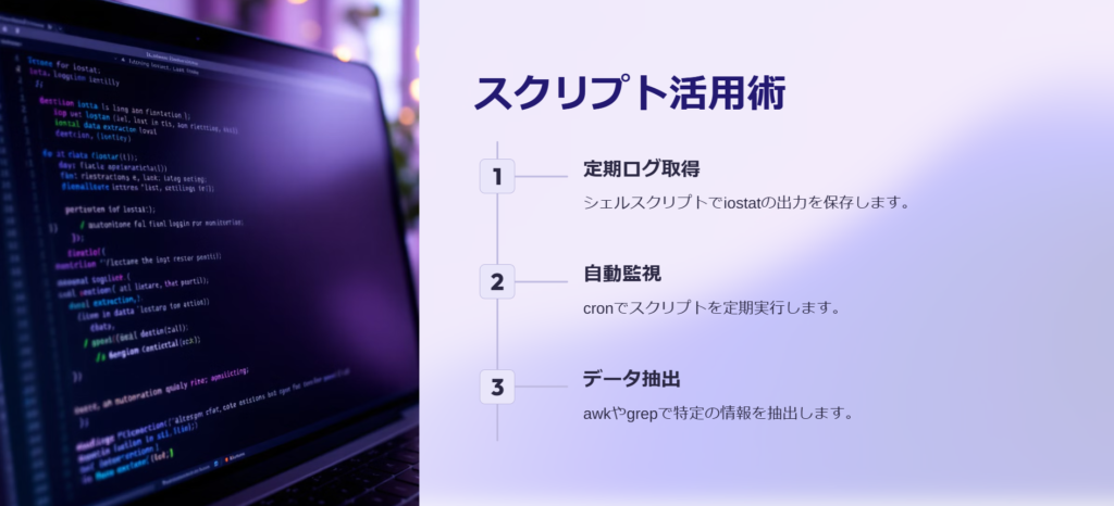 スクリプト活用術
定期ログ取得
シェルスクリプトでiostatの出力を保存します。
自動監視
cronでスクリプトを定期実行します。
データ抽出
awkやgrepで特定の情報を抽出します。