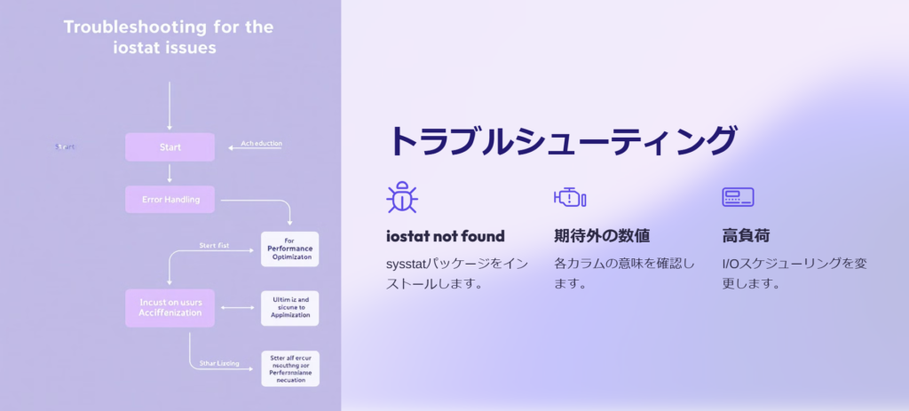 トラブルシューティング
iostat not found
sysstatパッケージをインストールします。
期待外の数値
各カラムの意味を確認します。
高負荷
I/Oスケジューリングを変更します。