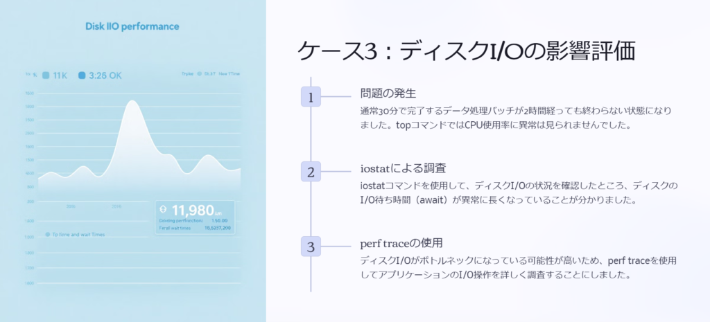 ケース3:ディスクI/Oの影響評価
問題の発生
通常30分で完了するデータ処理バッチが2時間経っても終わらない状態になりました。topコマンドではCPU使用率に異常は見られませんでした。
iostatによる調査
iostatコマンドを使用して、ディスクI/Oの状況を確認したところ、ディスクのI/O待ち時間(await)が異常に長くなっていることが分かりました。
perf traceの使用
ディスクI/Oがボトルネックになっている可能性が高いため、perf traceを使用してアプリケーションのI/O操作を詳しく調査することにしました。