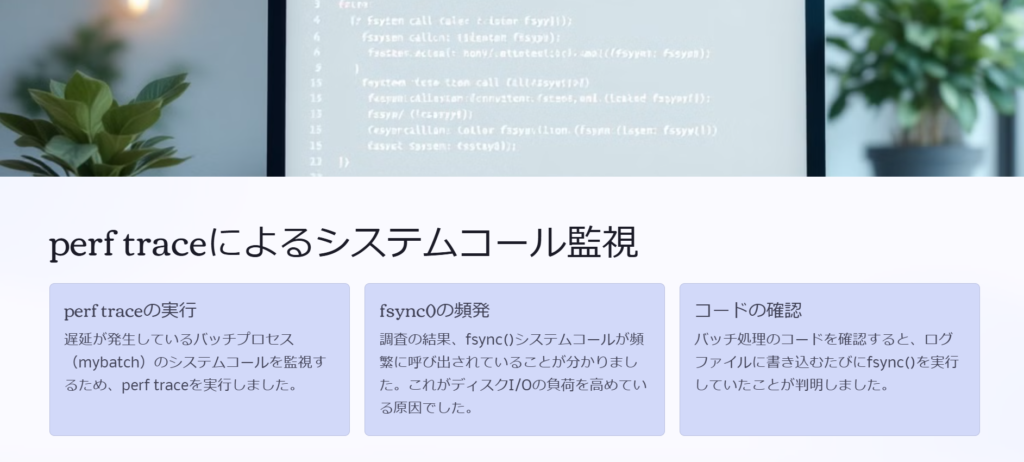 perf traceによるシステムコール監視
perf traceの実行
遅延が発生しているバッチプロセス(mybatch)のシステムコールを監視するため、perf traceを実行しました。
fsync()の頻発
調査の結果、fsync()システムコールが頻繁に呼び出されていることが分かりました。これがディスクI/Oの負荷を高めている原因でした。
コードの確認
バッチ処理のコードを確認すると、ログファイルに書き込むたびにfsync()を実行していたことが判明しました。