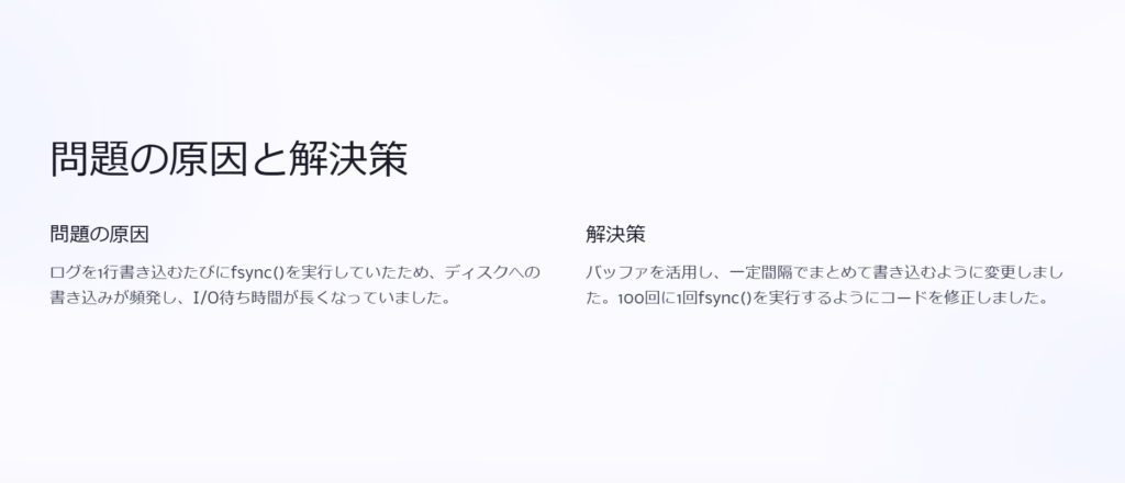 問題の原因と解決策
問題の原因
ログを1行書き込むたびにfsync()を実行していたため、ディスクへの書き込みが頻発し、I/O待ち時間が長くなっていました。
解決策
バッファを活用し、一定間隔でまとめて書き込むように変更しました。100回に1回fsync()を実行するようにコードを修正しました。