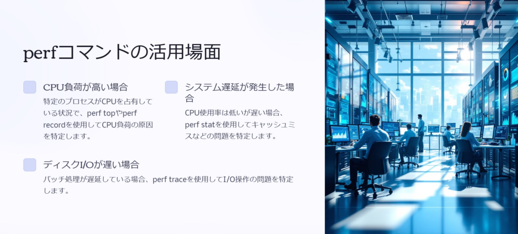 perfコマンドの活用場面
CPU負荷が高い場合
特定のプロセスがCPUを占有している状況で、perf topやperf recordを使用してCPU負荷の原因を特定します。
システム遅延が発生した場合
CPU使用率は低いが遅い場合、perf statを使用してキャッシュミスなどの問題を特定します。
ディスクI/Oが遅い場合
バッチ処理が遅延している場合、perf traceを使用してI/O操作の問題を特定します。