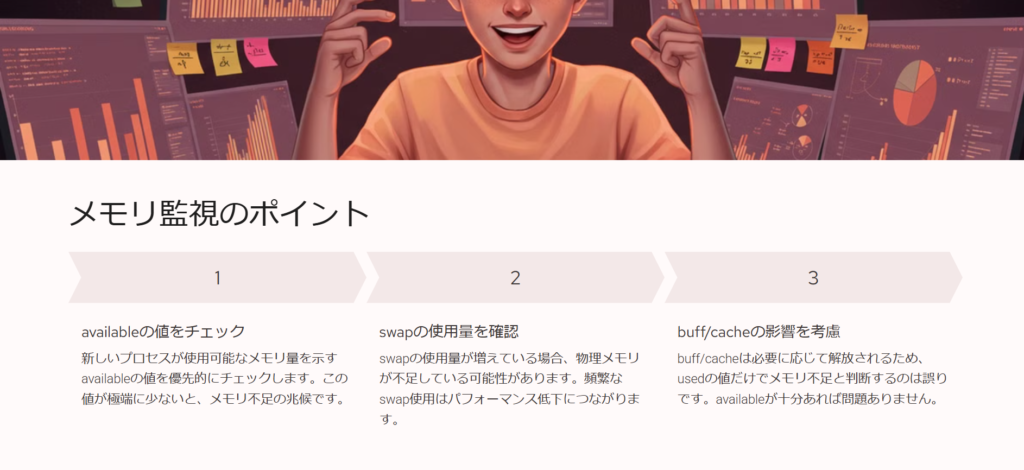 メモリ監視のポイント
availableの値をチェック
新しいプロセスが使用可能なメモリ量を示すavailableの値を優先的にチェックします。この値が極端に少ないと、メモリ不足の兆候です。
swapの使用量を確認
swapの使用量が増えている場合、物理メモリが不足している可能性があります。頻繁なswap使用はパフォーマンス低下につながります。
buff/cacheの影響を考慮
buff/cacheは必要に応じて解放されるため、usedの値だけでメモリ不足と判断するのは誤りです。availableが十分あれば問題ありません。