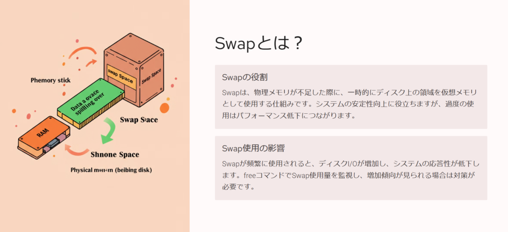 Swapとは?
Swapの役割
Swapは、物理メモリが不足した際に、一時的にディスク上の領域を仮想メモリとして使用する仕組みです。システムの安定性向上に役立ちますが、過度の使用はパフォーマンス低下につながります。
Swap使用の影響
Swapが頻繁に使用されると、ディスクI/Oが増加し、システムの応答性が低下します。freeコマンドでSwap使用量を監視し、増加傾向が見られる場合は対策が必要です。