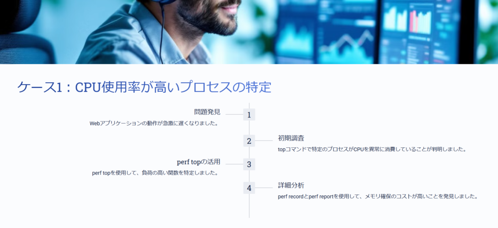 CPU使用率が高いプロセスの特定
問題発見
Webアプリケーションの動作が急激に遅くなりました。
初期調査
topコマンドで特定のプロセスがCPUを異常に消費していることが判明しました。
perf topの活用
perf topを使用して、負荷の高い関数を特定しました。
詳細分析
perf recordとperf reportを使用して、メモリ確保のコストが高いことを発見しました。