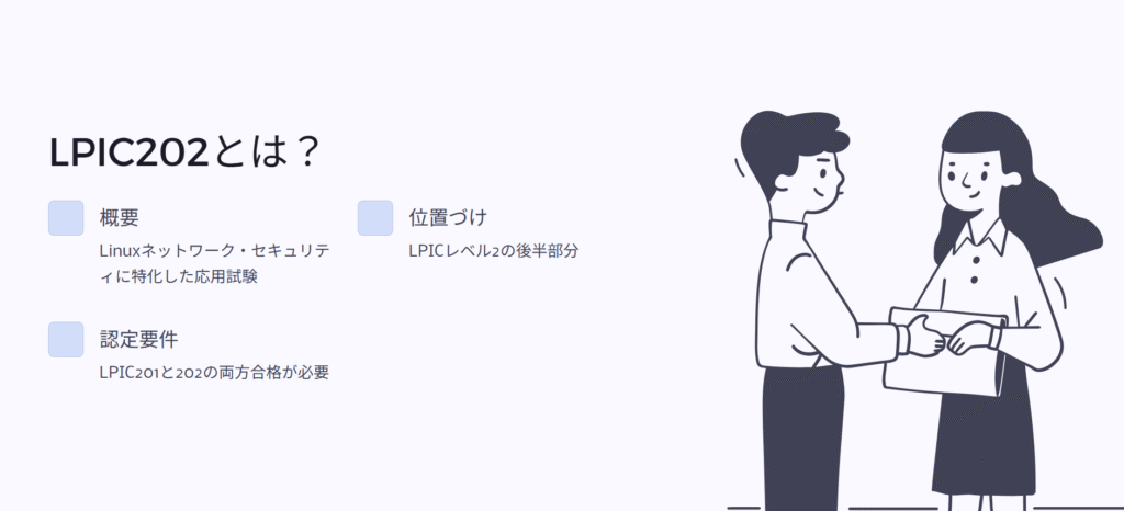 LPIC202とは?
概要
Linuxネットワーク・セキュリティに特化した応用試験
位置づけ
LPICレベル2の後半部分
認定要件
LPIC201と202の両方合格が必要