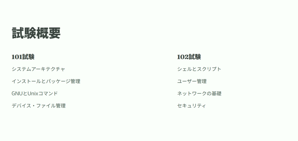 試験概要
101試験
システムアーキテクチャ
インストールとパッケージ管理
GNUとUnixコマンド
デバイス・ファイル管理
102試験
シェルとスクリプト
ユーザー管理
ネットワークの基礎
セキュリティ