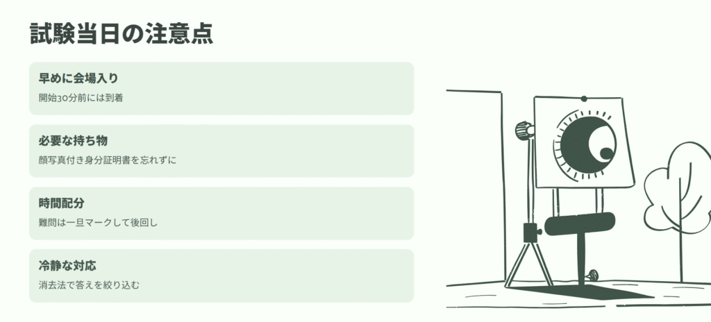 試験当日の注意点
早めに会場入り
開始30分前には到着
必要な持ち物
顔写真付き身分証明書を忘れずに
時間配分
難問は一旦マークして後回し
冷静な対応
消去法で答えを絞り込む