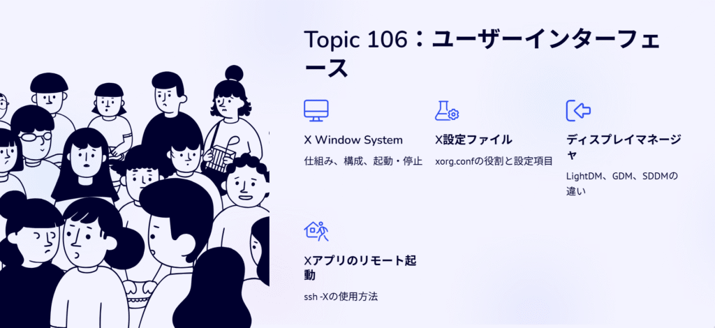 Topic 106:ユーザーインターフェース
X Window System
仕組み、構成、起動・停止
X設定ファイル
xorg.confの役割と設定項目
ディスプレイマネージャ
LightDM、GDM、SDDMの違い
Xアプリのリモート起動
ssh -Xの使用方法