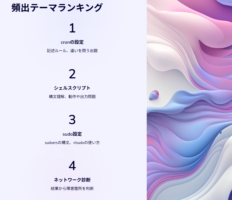 頻出テーマランキング
cronの設定
記述ルール、違いを問う出題
シェルスクリプト
構文理解、動作や出力問題
sudo設定
sudoersの構文、visudoの使い方
ネットワーク診断
結果から障害箇所を判断