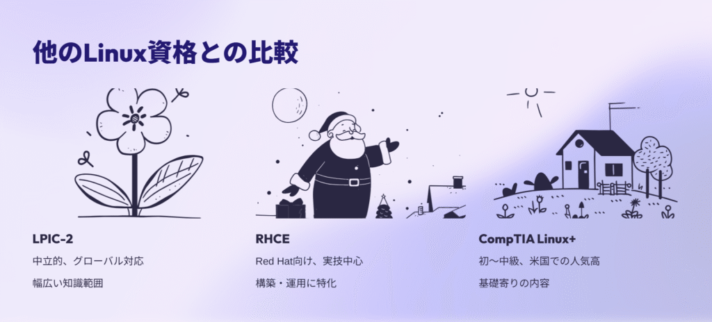 他のLinux資格との比較
LPIC-2
中立的、グローバル対応
幅広い知識範囲
RHCE
Red Hat向け、実技中心
構築・運用に特化
CompTIA Linux+
初〜中級、米国での人気高
基礎寄りの内容