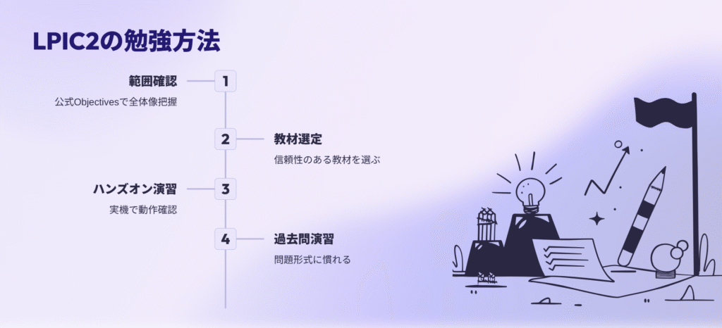 LPIC2の勉強方法
範囲確認
公式Objectivesで全体像把握
教材選定
信頼性のある教材を選ぶ
ハンズオン演習
実機で動作確認
過去問演習
問題形式に慣れる