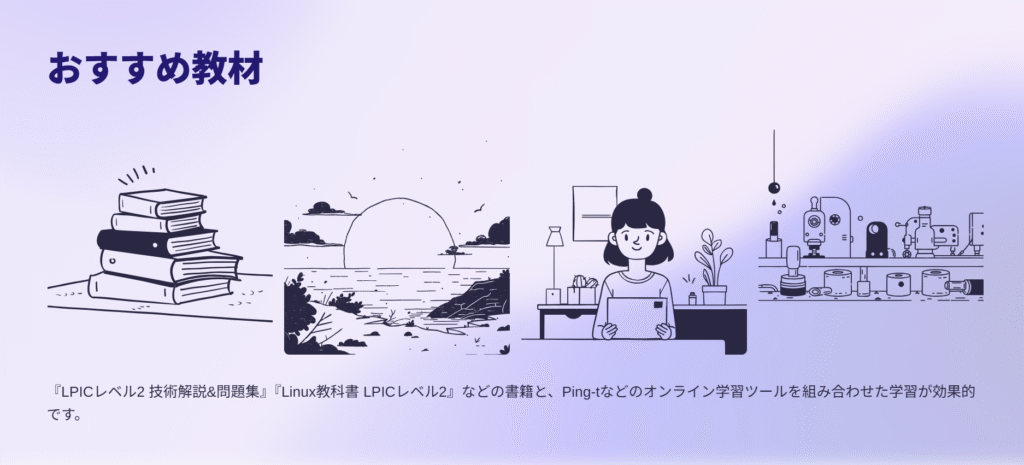 おすすめ教材
『LPICレベル2 技術解説&問題集』『Linux教科書 LPICレベル2』などの書籍と、Ping-tなどのオンライン学習ツールを組み合わせた学習が効果的