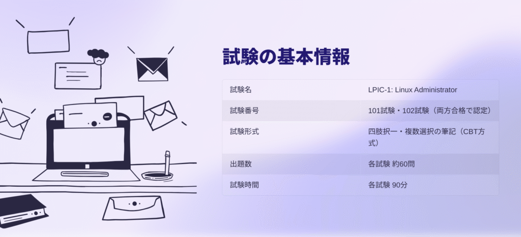 試験の基本情報
試験名
LPIC-1: Linux Administrator
試験番号
101試験・102試験(両方合格で認定)
試験形式
四肢択一・複数選択の筆記(CBT方式)
出題数
各試験 約60問
試験時間
各試験 90分