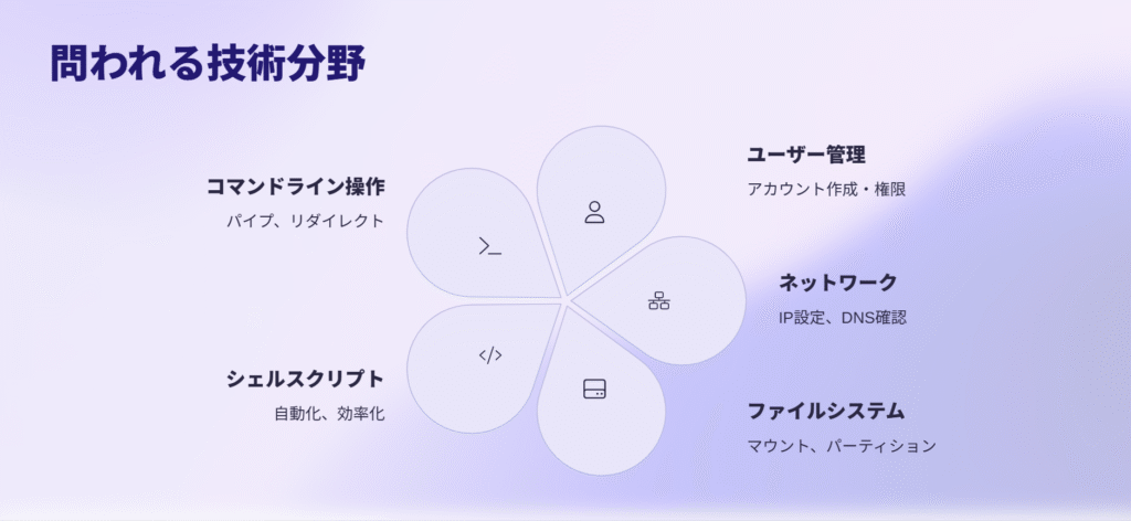 問われる技術分野
コマンドライン操作
パイプ、リダイレクト
ユーザー管理
アカウント作成・権限
ネットワーク
IP設定、DNS確認
ファイルシステム
マウント、パーティション
シェルスクリプト
自動化、効率化