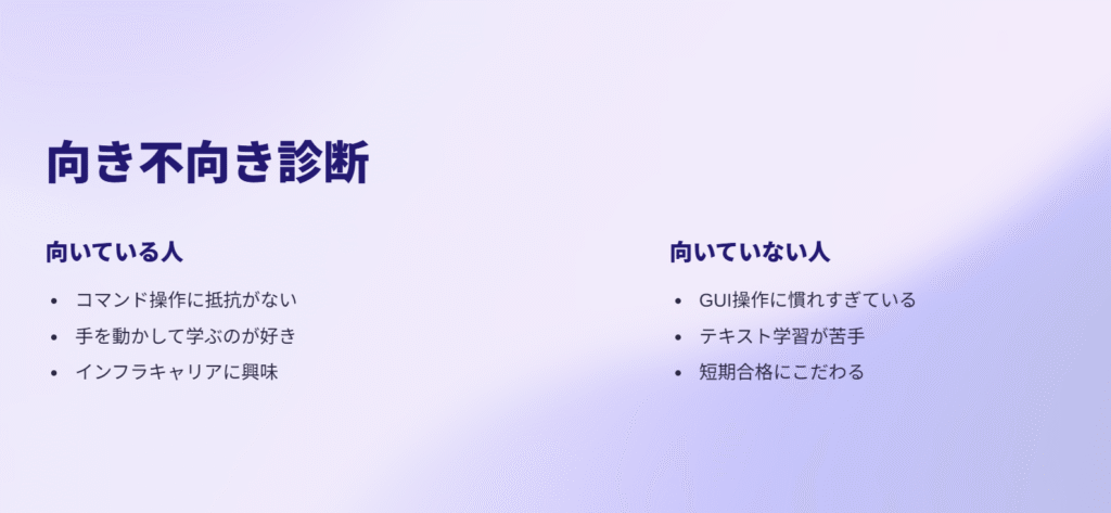 向き不向き診断
向いている人
コマンド操作に抵抗がない
手を動かして学ぶのが好き
インフラキャリアに興味
向いていない人
GUI操作に慣れすぎている
テキスト学習が苦手
短期合格にこだわる