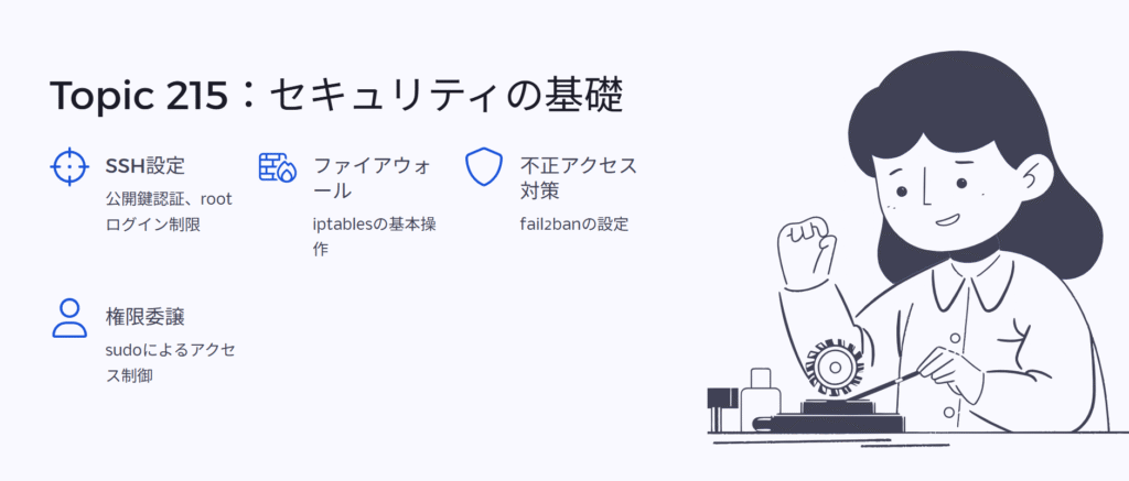 Topic 215:セキュリティの基礎
SSH設定
公開鍵認証、rootログイン制限
ファイアウォール
iptablesの基本操作
不正アクセス対策
fail2banの設定
権限委譲
sudoによるアクセス制御
