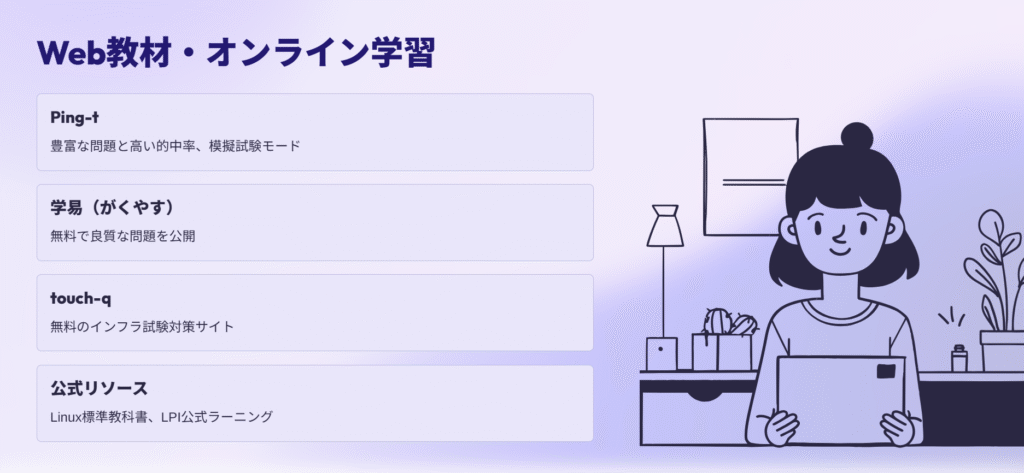 Web教材・オンライン学習
Ping-t
豊富な問題と高い的中率、模擬試験モード
学易(がくやす)
無料で良質な問題を公開
touch-q
無料のインフラ試験対策サイト
公式リソース
Linux標準教科書、LPI公式ラーニング