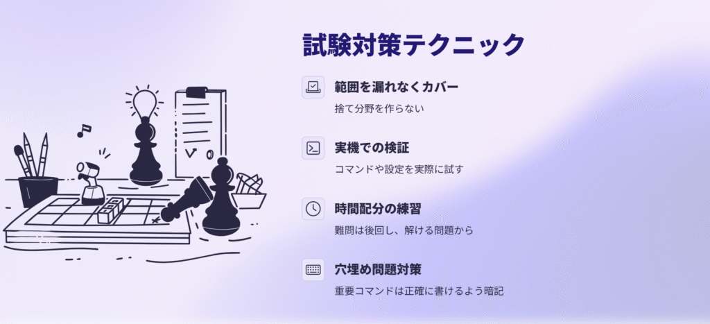 試験対策テクニック
範囲を漏れなくカバー
捨て分野を作らない
実機での検証
コマンドや設定を実際に試す
時間配分の練習
難問は後回し、解ける問題から
穴埋め問題対策
重要コマンドは正確に書けるよう暗記