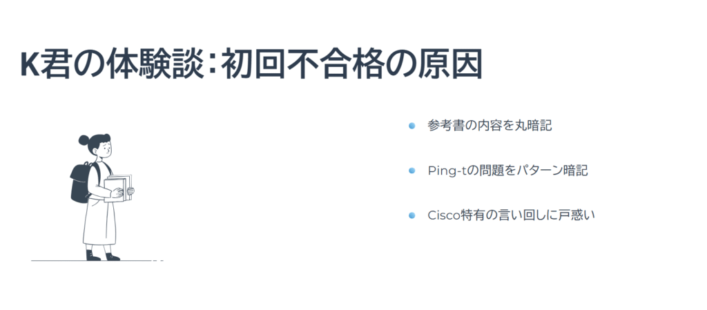 K君の体験談：初回不合格の原因

参考書の内容を丸暗記

Ping-tの問題をパターン暗記

Cisco特有の言い回しに戸惑い
