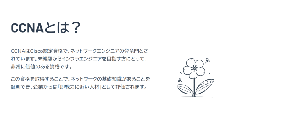 CCNAとは？

CCNAはCisco認定資格で、ネットワークエンジニアの登竜門とされています。未経験からインフラエンジニアを目指す方にとって、非常に価値のある資格です。

この資格を取得することで、ネットワークの基礎知識があることを証明でき、企業からは「即戦力に近い人材」として評価されます。