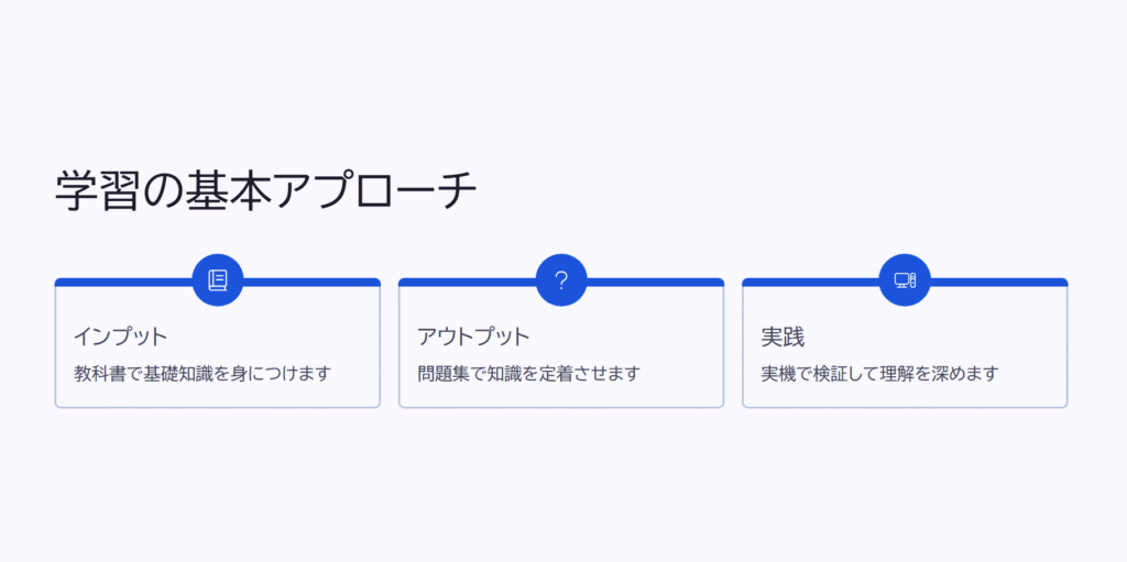 学習の基本アプローチ
インプット
教科書で基礎知識を身につけます
アウトプット
問題集で知識を定着させます
実践
実機で検証して理解を深めます