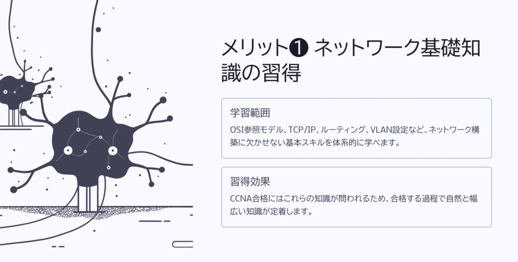 メリット❶ ネットワーク基礎知識の習得
学習範囲
OSI参照モデル、TCP/IP、ルーティング、VLAN設定など、ネットワーク構築に欠かせない基本スキルを体系的に学べます。
習得効果
CCNA合格にはこれらの知識が問われるため、合格する過程で自然と幅広い知識が定着します。