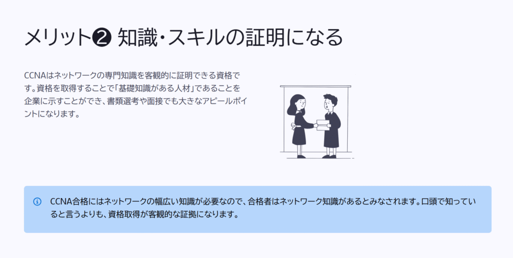 メリット❷ 知識・スキルの証明になる
CCNAはネットワークの専門知識を客観的に証明できる資格です。資格を取得することで「基礎知識がある人材」であることを企業に示すことができ、書類選考や面接でも大きなアピールポイントになります。
CCNA合格にはネットワークの幅広い知識が必要なので、合格者はネットワーク知識があるとみなされます。口頭で知っていると言うよりも、資格取得が客観的な証拠になります。