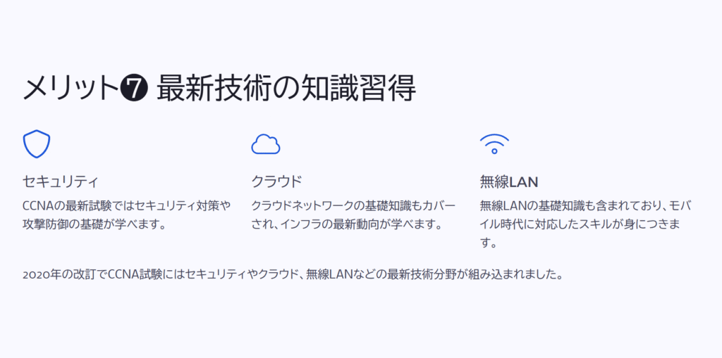 メリット❼ 最新技術の知識習得
セキュリティ
CCNAの最新試験ではセキュリティ対策や攻撃防御の基礎が学べます。
クラウド
クラウドネットワークの基礎知識もカバーされ、インフラの最新動向が学べます。
無線LAN
無線LANの基礎知識も含まれており、モバイル時代に対応したスキルが身につきます。
2020年の改訂でCCNA試験にはセキュリティやクラウド、無線LANなどの最新技術分野が組み込まれました。