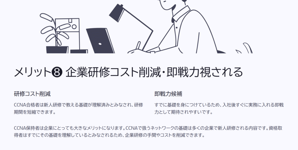 メリット❽ 企業研修コスト削減・即戦力視される
研修コスト削減
CCNA合格者は新人研修で教える基礎が理解済みとみなされ、研修期間を短縮できます。
即戦力候補
すでに基礎を身につけているため、入社後すぐに実務に入れる即戦力として期待されやすいです。
CCNA保持者は企業にとっても大きなメリットになります。CCNAで扱うネットワークの基礎は多くの企業で新人研修される内容です。資格取得者はすでにその基礎を理解しているとみなされるため、企業研修の手間やコストを削減できます。