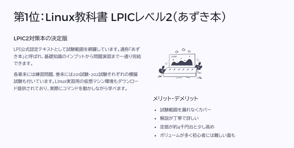第1位:Linux教科書 LPICレベル2(あずき本)
LPIC2対策本の決定版
LPI公式認定テキストとして試験範囲を網羅しています。通称「あずき本」と呼ばれ、基礎知識のインプットから問題演習まで一通り完結できます。
各章末には練習問題、巻末には201試験・202試験それぞれの模擬試験も付いています。Linux実習用の仮想マシン環境もダウンロード提供されており、実際にコマンドを動かしながら学べます。
メリット・デメリット
試験範囲を漏れなくカバー
解説が丁寧で詳しい
定価が約4千円台と少し高め
ボリュームが多く初心者には難しい面も