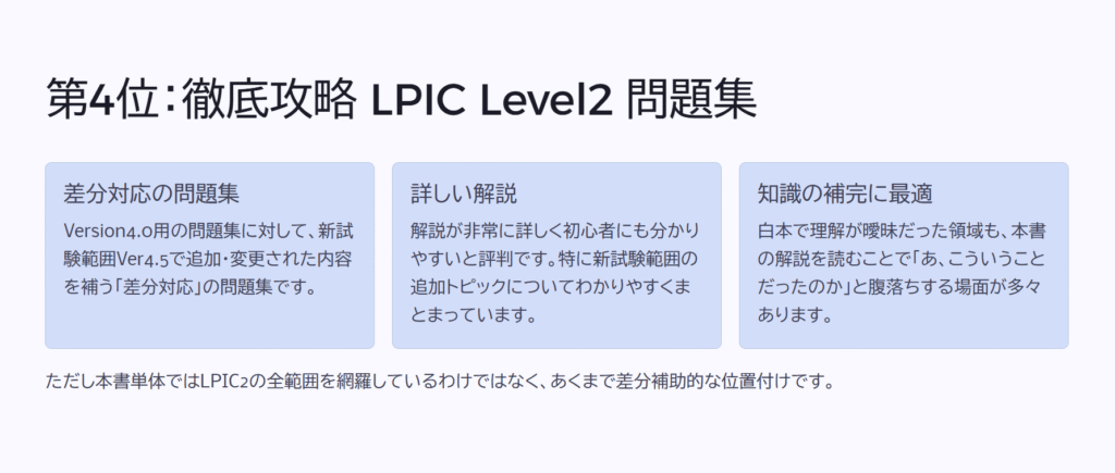 第4位:徹底攻略 LPIC Level2 問題集
差分対応の問題集
Version4.0用の問題集に対して、新試験範囲Ver4.5で追加・変更された内容を補う「差分対応」の問題集です。
詳しい解説
解説が非常に詳しく初心者にも分かりやすいと評判です。特に新試験範囲の追加トピックについてわかりやすくまとまっています。
知識の補完に最適
白本で理解が曖昧だった領域も、本書の解説を読むことで「あ、こういうことだったのか」と腹落ちする場面が多々あります。
ただし本書単体ではLPIC2の全範囲を網羅しているわけではなく、あくまで差分補助的な位置付けです。