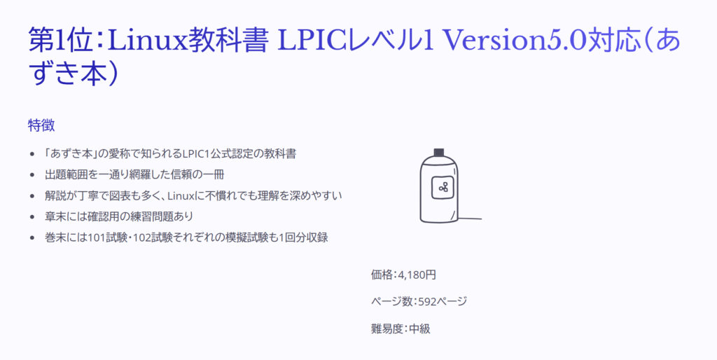 第1位:Linux教科書 LPICレベル1 Version5.0対応(あずき本)
特徴
「あずき本」の愛称で知られるLPIC1公式認定の教科書
出題範囲を一通り網羅した信頼の一冊
解説が丁寧で図表も多く、Linuxに不慣れでも理解を深めやすい
章末には確認用の練習問題あり
巻末には101試験・102試験それぞれの模擬試験も1回分収録
価格:4,180円
ページ数:592ページ
難易度:中級