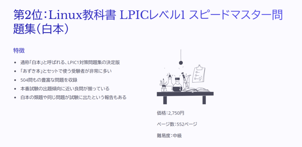 第2位:Linux教科書 LPICレベル1 スピードマスター問題集(白本)
特徴
通称「白本」と呼ばれる、LPIC1対策問題集の決定版
「あずき本」とセットで使う受験者が非常に多い
504問もの豊富な問題を収録
本番試験の出題傾向に近い良問が揃っている
白本の類題や同じ問題が試験に出たという報告もある
価格:2,750円
ページ数:552ページ
難易度:中級