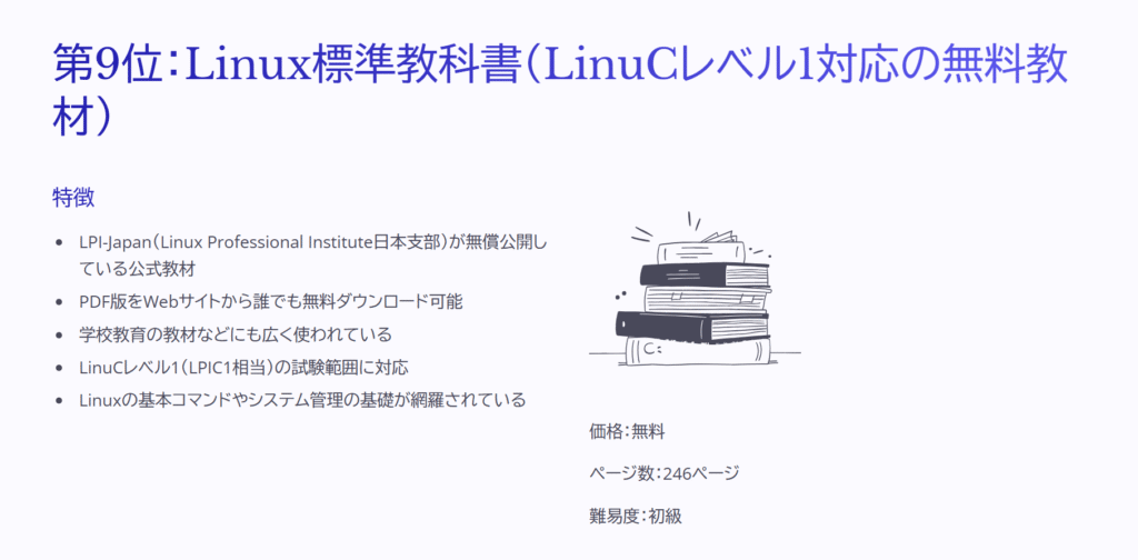 第9位:Linux標準教科書(LinuCレベル1対応の無料教材)
特徴
LPI-Japan(Linux Professional Institute日本支部)が無償公開している公式教材
PDF版をWebサイトから誰でも無料ダウンロード可能
学校教育の教材などにも広く使われている
LinuCレベル1(LPIC1相当)の試験範囲に対応
Linuxの基本コマンドやシステム管理の基礎が網羅されている
価格:無料
ページ数:246ページ
難易度:初級