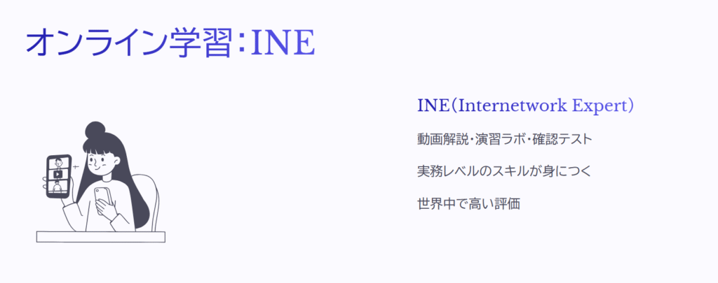 オンライン学習：INE

INE（Internetwork Expert）

動画解説・演習ラボ・確認テスト

実務レベルのスキルが身につく

世界中で高い評価