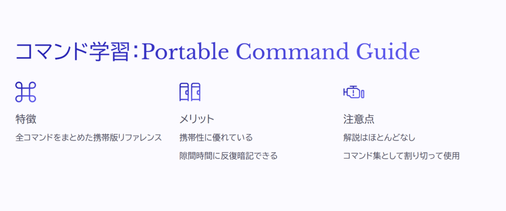 コマンド学習：Portable Command Guide

特徴

全コマンドをまとめた携帯版リファレンス

メリット

携帯性に優れている

隙間時間に反復暗記できる

注意点

解説はほとんどなし

コマンド集として割り切って使用