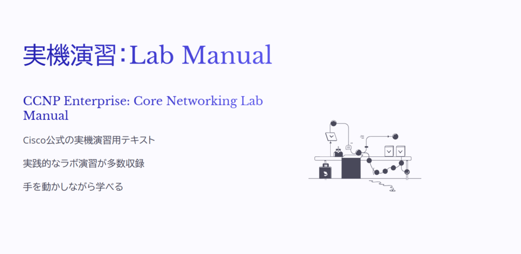 実機演習：Lab Manual

CCNP Enterprise: Core Networking Lab Manual

Cisco公式の実機演習用テキスト

実践的なラボ演習が多数収録

手を動かしながら学べる