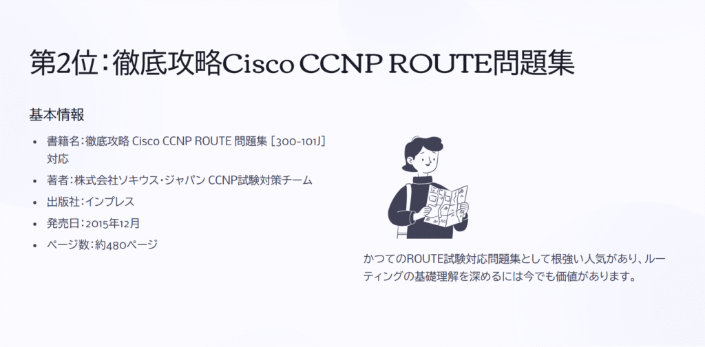 第2位：徹底攻略Cisco CCNP ROUTE問題集

基本情報

書籍名：徹底攻略 Cisco CCNP ROUTE 問題集 ［300-101J］対応

著者：株式会社ソキウス・ジャパン CCNP試験対策チーム

出版社：インプレス

発売日：2015年12月

ページ数：約480ページ

かつてのROUTE試験対応問題集として根強い人気があり、ルーティングの基礎理解を深めるには今でも価値があります。