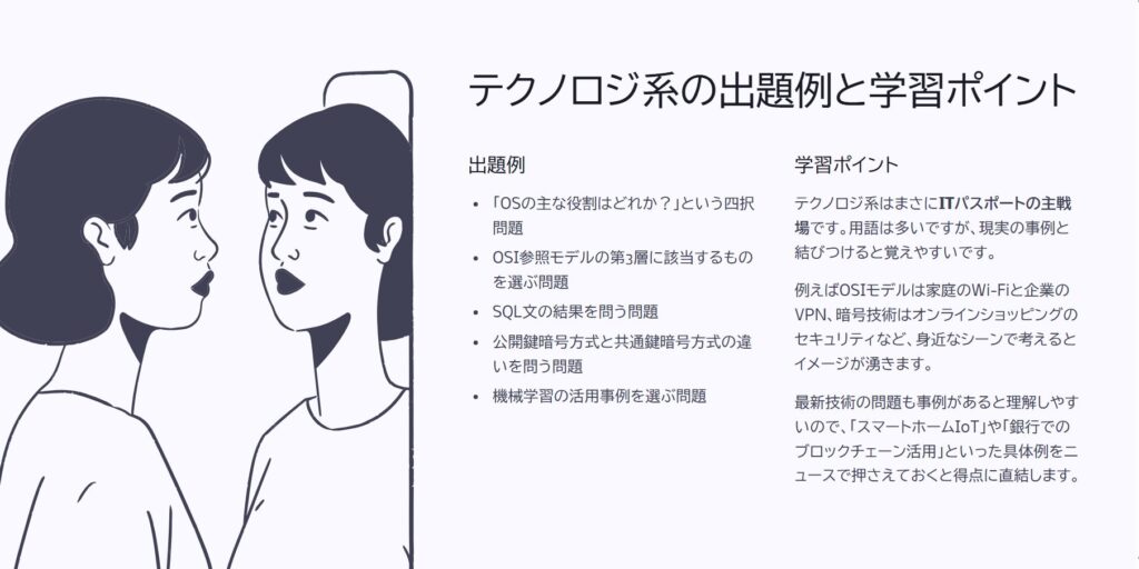 テクノロジ系の出題例と学習ポイント
出題例
「OSの主な役割はどれか?」という四択問題
OSI参照モデルの第3層に該当するものを選ぶ問題
SQL文の結果を問う問題
公開鍵暗号方式と共通鍵暗号方式の違いを問う問題
機械学習の活用事例を選ぶ問題
学習ポイント
テクノロジ系はまさにITパスポートの主戦場です。用語は多いですが、現実の事例と結びつけると覚えやすいです。
例えばOSIモデルは家庭のWi-Fiと企業のVPN、暗号技術はオンラインショッピングのセキュリティなど、身近なシーンで考えるとイメージが湧きます。
最新技術の問題も事例があると理解しやすいので、「スマートホームIoT」や「銀行でのブロックチェーン活用」といった具体例をニュースで押さえておくと得点に直結します。